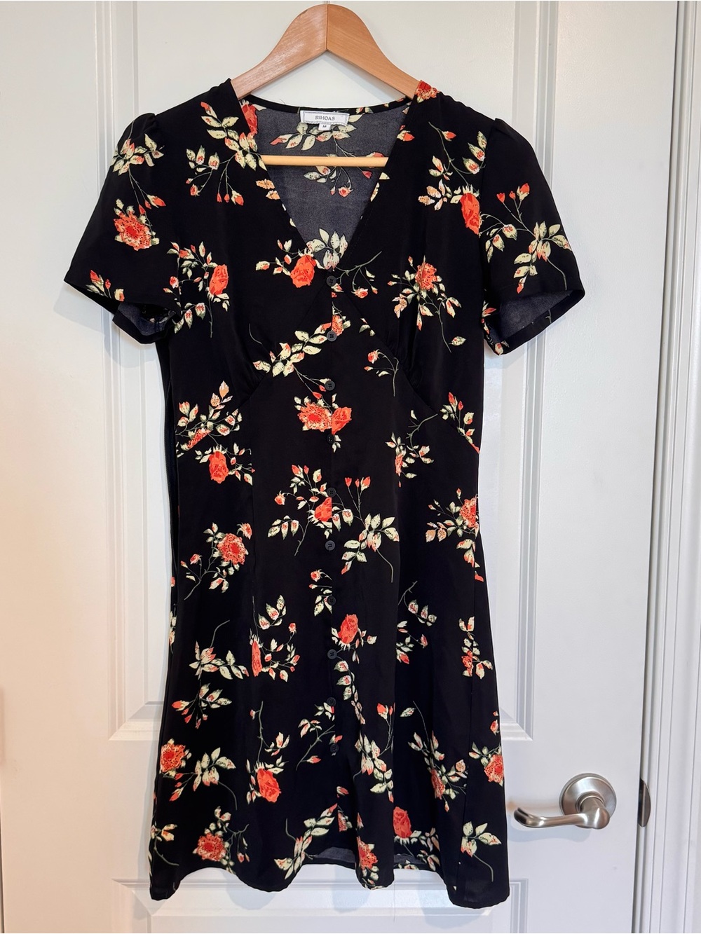 Rihoas Black Floral V-Neck Mini Dress Short Sleeve Sundress Summer Preppy Med - Picture 2 of 5